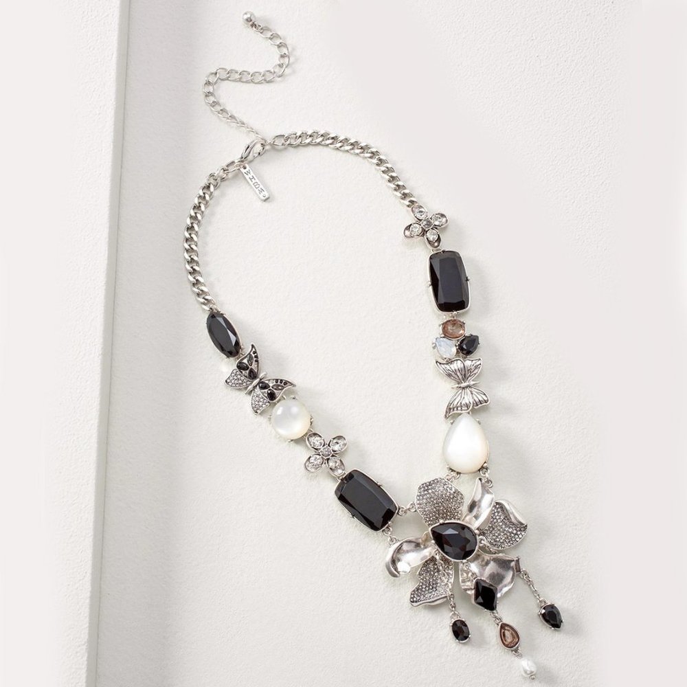 WHBM STUNNING Black Flower & Butterfly Silvertone Statement Necklace